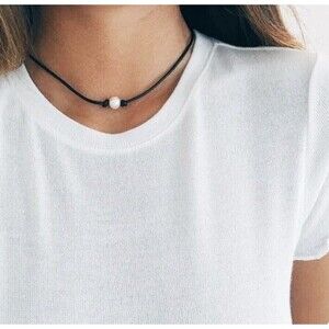 White Faux Pearl on Black Cord Necklace Simple Classic Understated Choker 90s